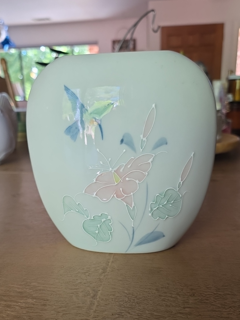 Vintage Otagiri Hummingbird Floral Ceramic Vase - Mint with Pink Accents
